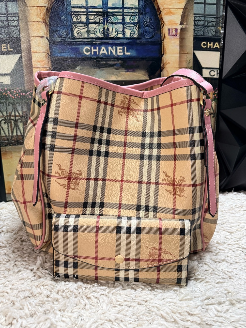 Checked Bucket Bag with Pink Trim